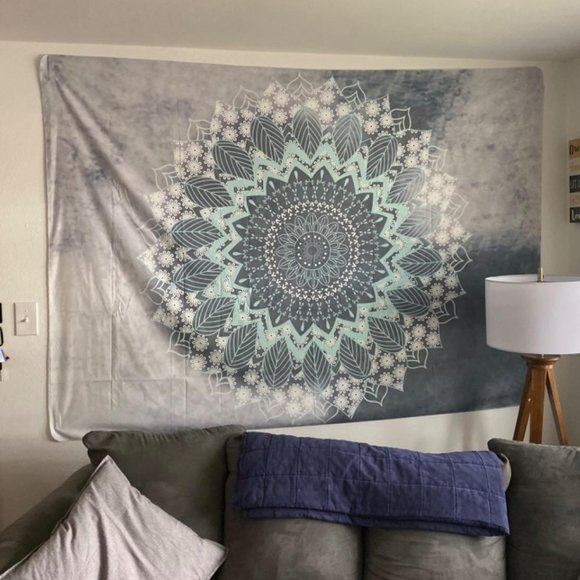Grey/Teal Mandala Floral Leaf Boho Indie Tapestry/Blanket - Picture 5 of 8